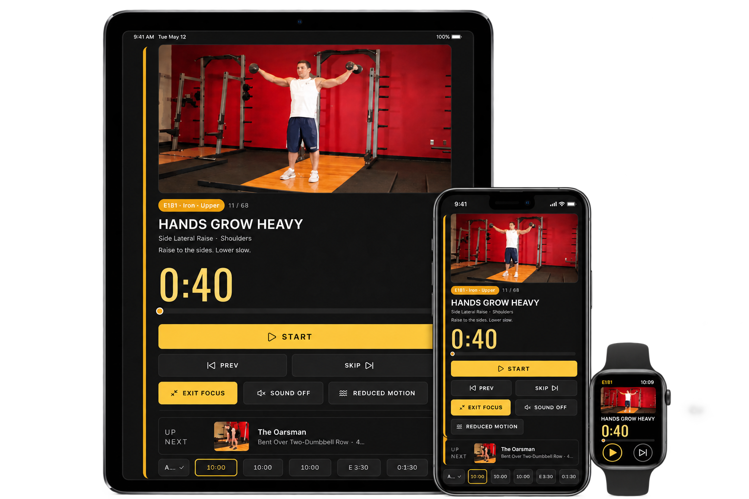 Body By Bible workout player shown on iPad, iPhone and Apple Watch during a side lateral raise