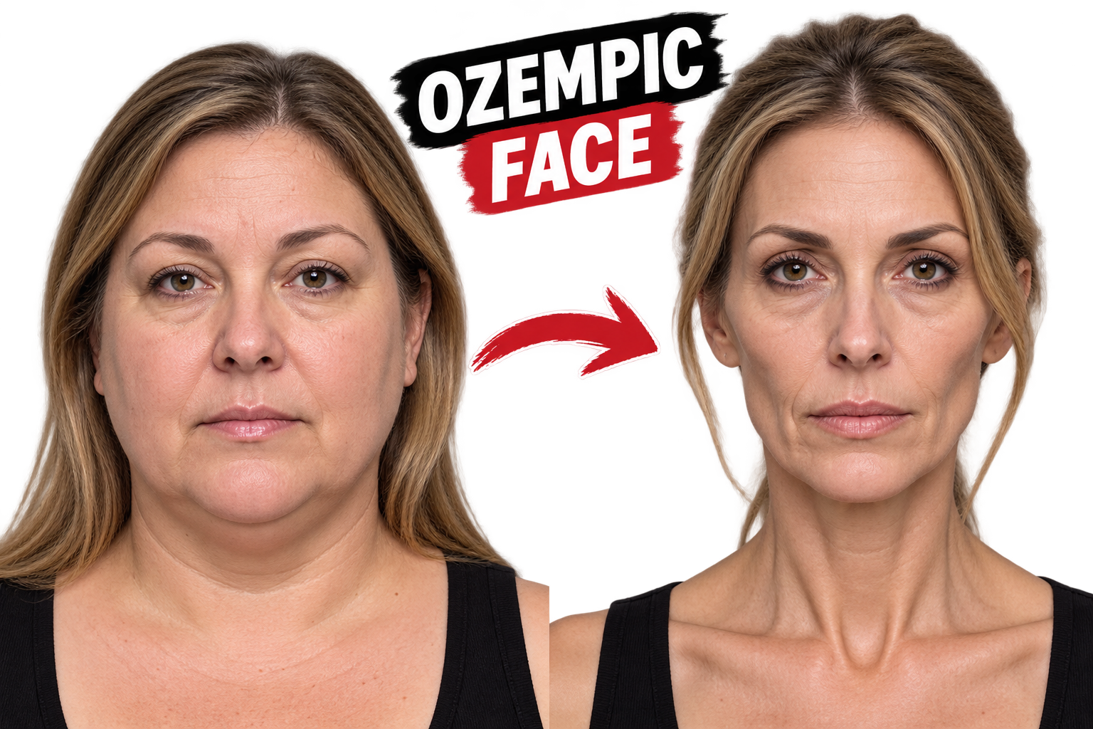 Before and after comparison showing facial volume loss known as Ozempic face