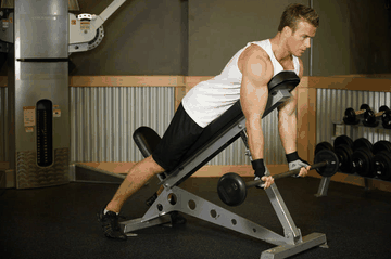 Barbell Curls Lying Against An Incline exercise demonstration targeting Biceps