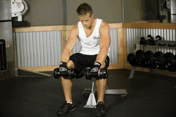 Seated Dumbbell Palms-Down Wrist Curl exercise demonstration targeting Forearms