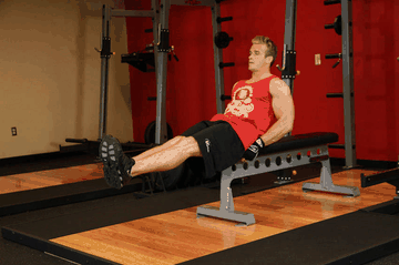 Seated Flat Bench Leg Pull-In exercise demonstration targeting Abdominals