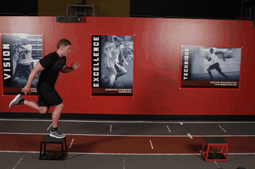 Single-Leg Stride Jump exercise demonstration targeting Quadriceps
