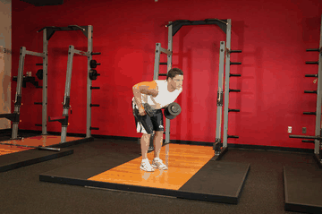 Standing Bent-Over Two-Arm Dumbbell Triceps Extension exercise demonstration targeting Triceps